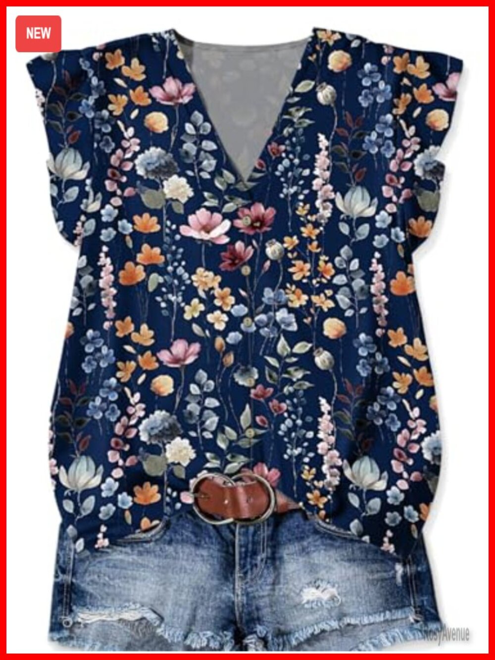 Women's Floral V-Neck Tunic Blouse with Ruffle Sleeves - Loose Fit Summer Top